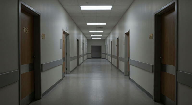 Dim hospital corridor — clinical anchor
