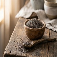 Chia seeds in a wooden bowl